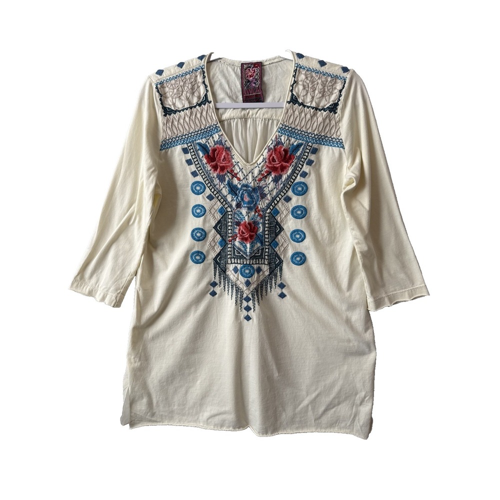 Johnny Was LA Embroidered Floral Sheer Gauze Back Blouse Tunic M Boho Chic Folk